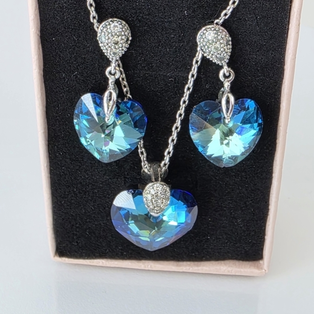 Crystal Blue Heart Pendant Necklace and Earrings Set